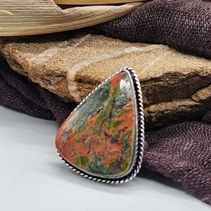 Natural Unakite Stone White Rhodium/925 Silver Spiritual Ring Boho Jewelry